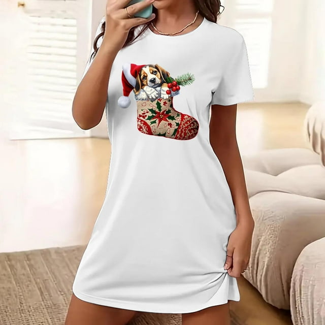 Sakmal Chemises de Nuit Mumu Confortables pour Femmes Noël Surdimensionnées Blanches Ultra-Douces Robe de Nuit Col Rond Bas de Noël Imprimé Manches Courtes Chemises de Nuit Courtes P-2TG