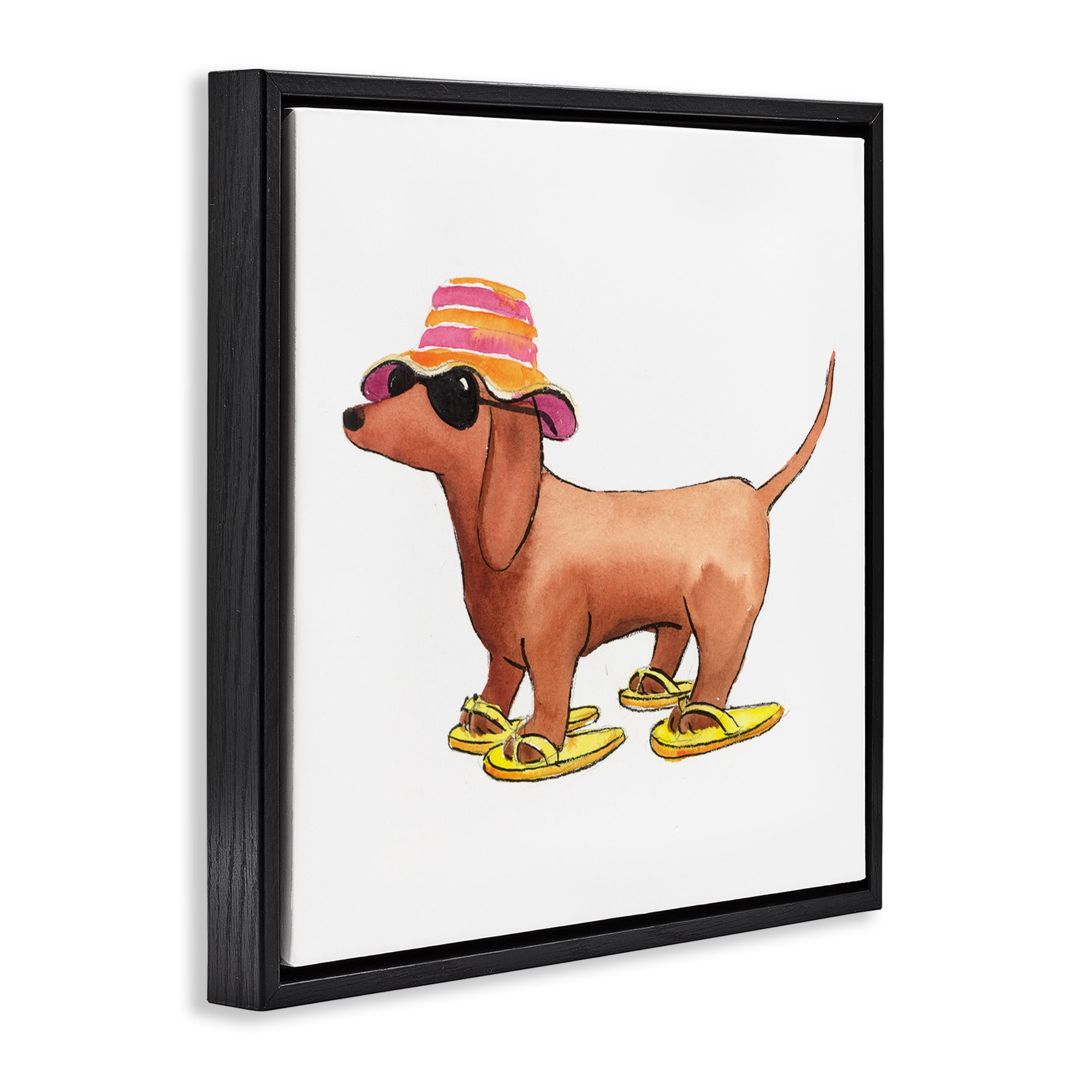 Stupell Industries Beach Dog Flip Flops Animals Painting Black Floater Framed Canvas Art Print Wall Art, 18 x 18