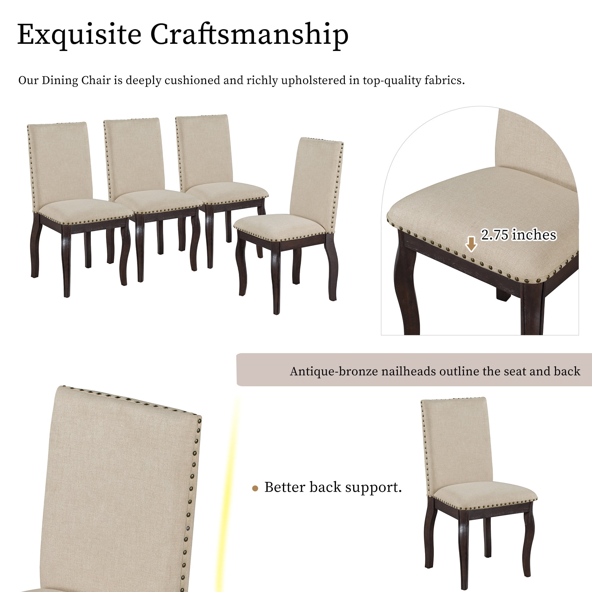 PORKISS Set of 2 Dining Chairs, High Back Upholstered Kitchen Chairs with Solid Wood Frame, Curved Legs and Bronze Nailhead Trim, Espresso Finish with White Fabric