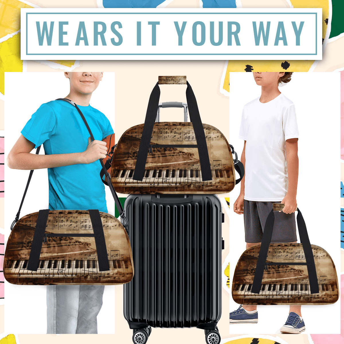 Herdesigns Piano Keys Sports Duffle Bag for Women & Men, Music Note Theme Gym Bag Dance Bag Overnight Bag Carry On Weekender Travel Bag