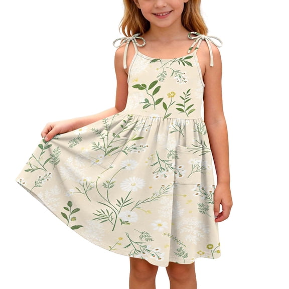 Amzcrzy Girls Dress 2026 Cute Print Crew Neck Summer Sundresses Spaghetti Strap with Tie Shoulder Bow Ruffled Tiered Dresses Casual Flowy A Line White Midi Dress @1 2 Years