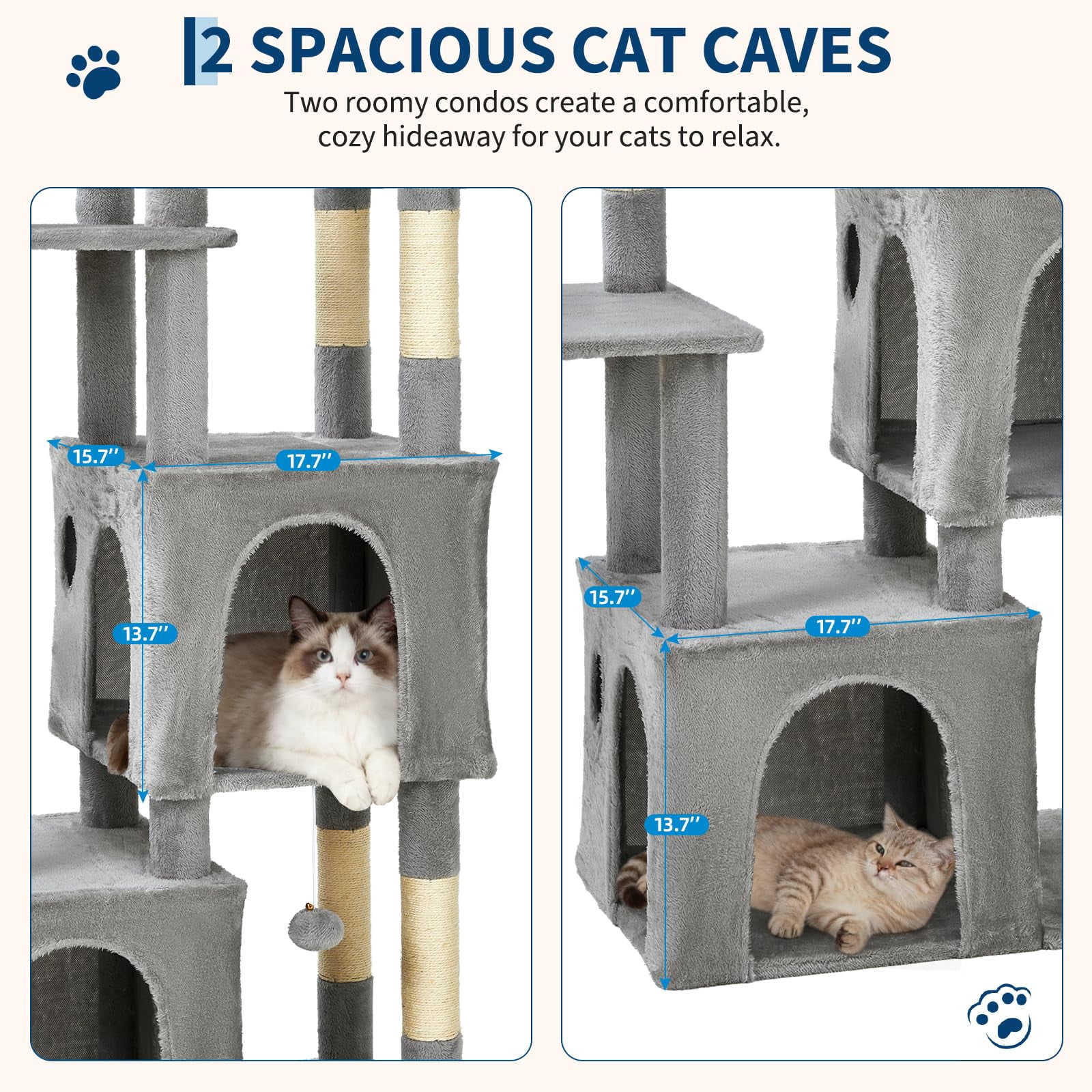 Scratching Post for Large Cats 62" - Multi-Level Tower with Extra Large Platform, Spacious Condominiums, Sturdy Natural Sisal Posts, Play Area for Maine Coon - Light Grey
