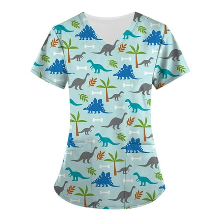 

QAZXD Women Medical Scrub Tops Cute Animals Printed Short Sleeve V-Neck Nurse Uniforms Scrubs Tunic Tops With 2 Pockets S