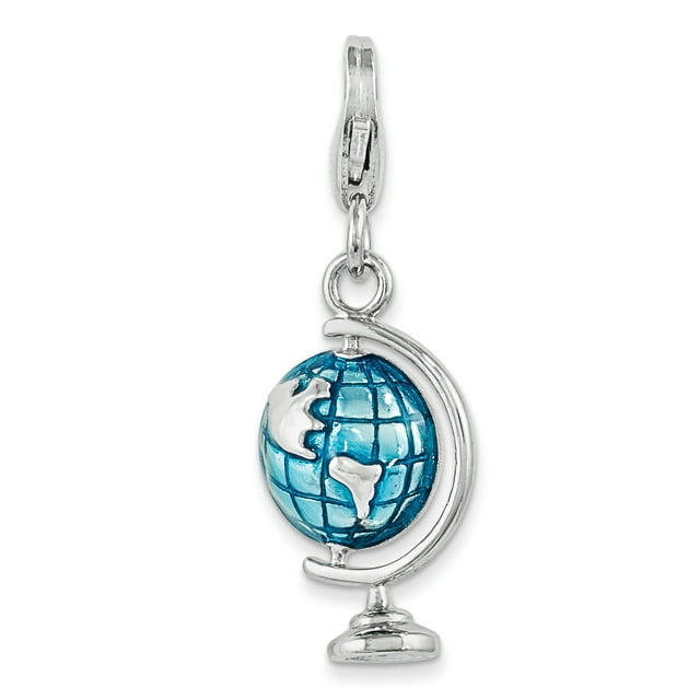 Sterling Silver Rhodium Enameled Globe w/Lobster Clasp Charm QCC1073 (19mm x 10mm)
