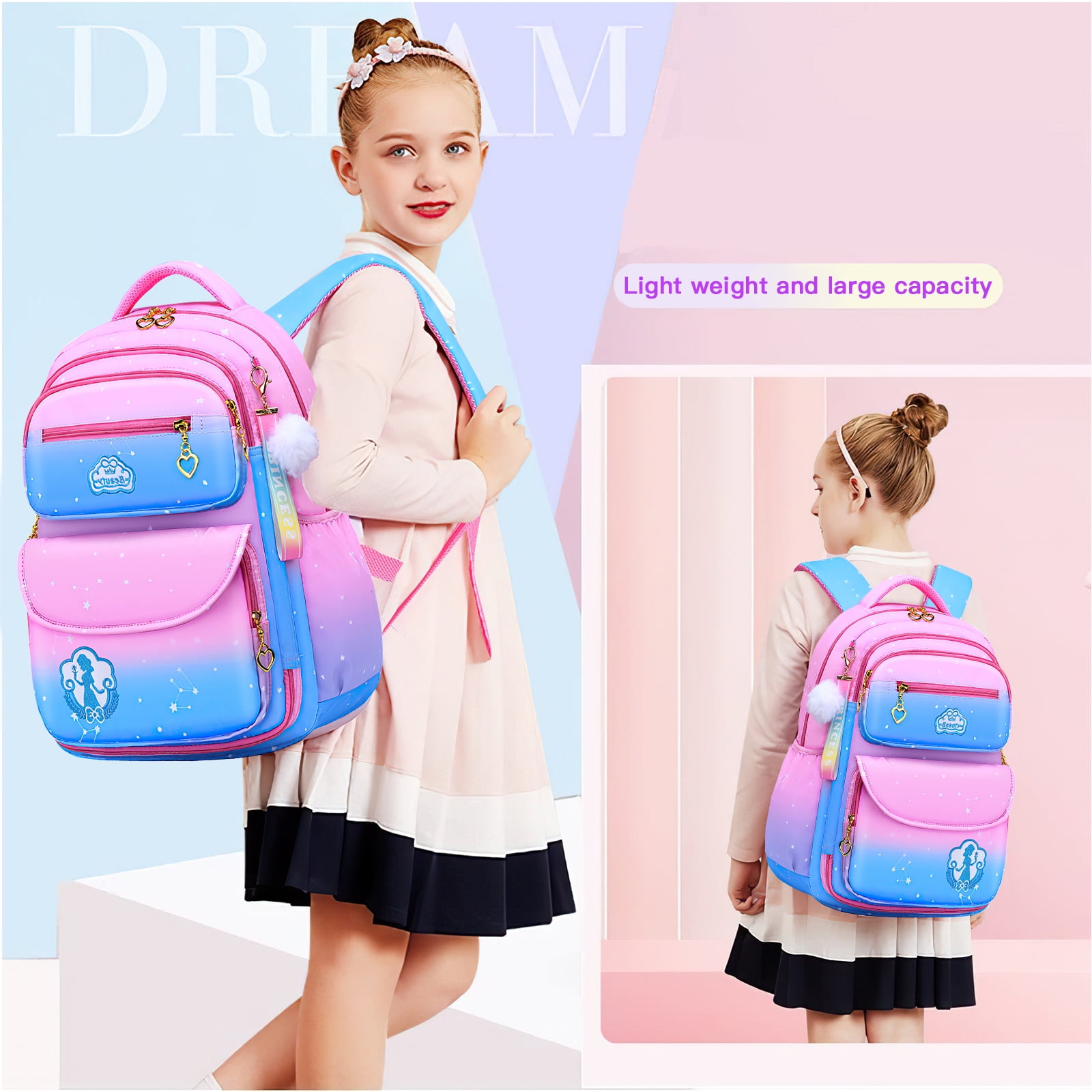 Kadyn 16" Kids Backpacks,Waterproof Princess School Bag for Girls, Children School Bags with Lunch Bag, Pink Kadyn 16" Kids Backpacks,Waterproof Princess School Bag for Girls, Children School Bags with Lunch Bag, Pink
