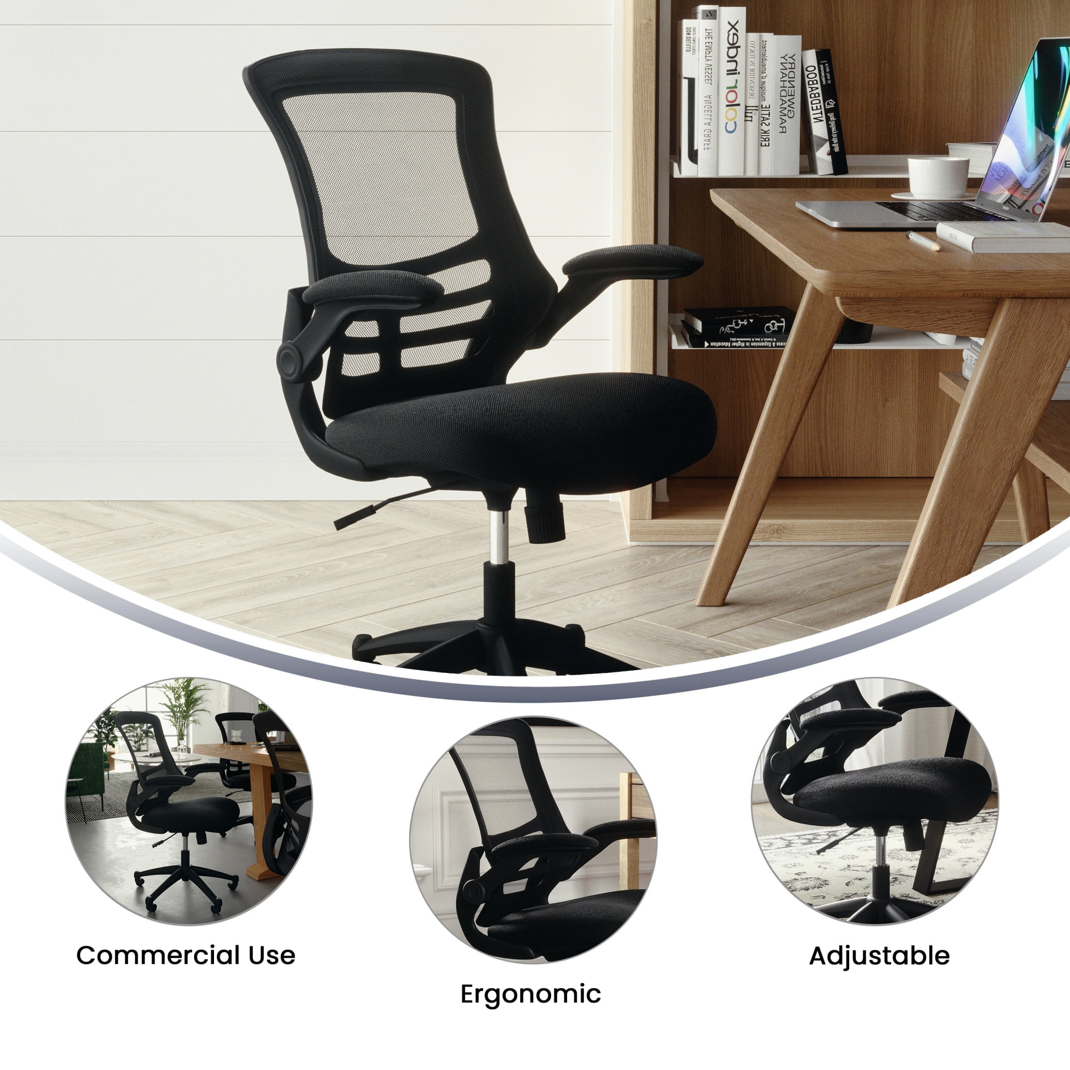 Flash Furniture Kelista Ergonomic Mesh Mid-Back Swivel Office Chair with Flip-Up Armrests, Black