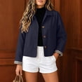 thumbnail image 4 of Womens Cropped Trench Coat Lapel Button Down Lightweight Short Casual Jacket With Plaid Lining, L, 4 of 9