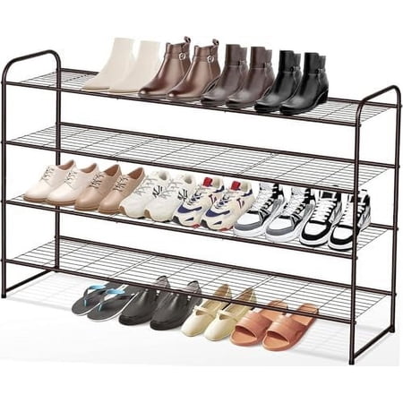 4-Tier Long Shoe Rack for Closet Floor Wide Shoe Organizer Storage Stackable Shoe Rack for Entryway Metal Shoe Shelf for 30 Pairs Men Sneakers with Wire Grid for Bedroom Bronze