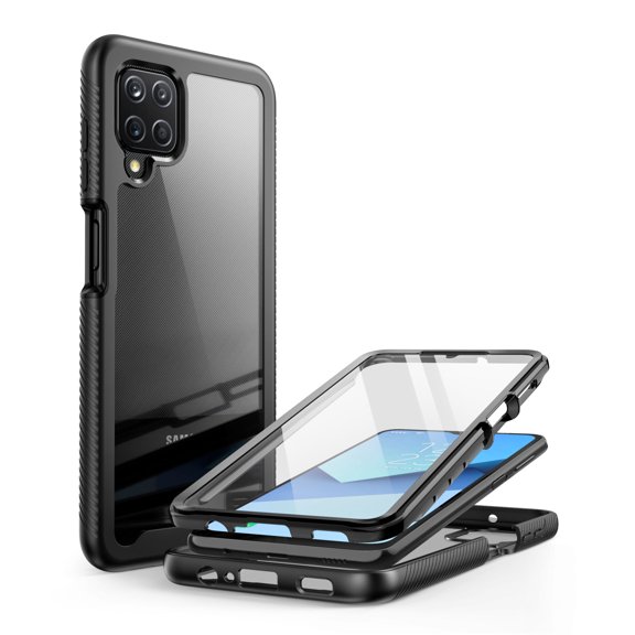 Clayco MYOS Series Case for Samsung Galaxy A12 4G Case (2020 Release), Full Body Rugged Duty Protection Clear Bumper Shock Absorption Cover with Built-in Screen Protector for (Black)