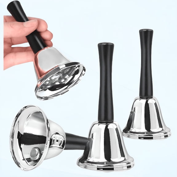 BESTSKY 4 Pack Hand Bell, Silver Steel Bell, Ringing Bell with Handle, Dinner Bells for Inside Classroom Bell, for Food Line, Alarm, Jingles, Ringing (Silver)