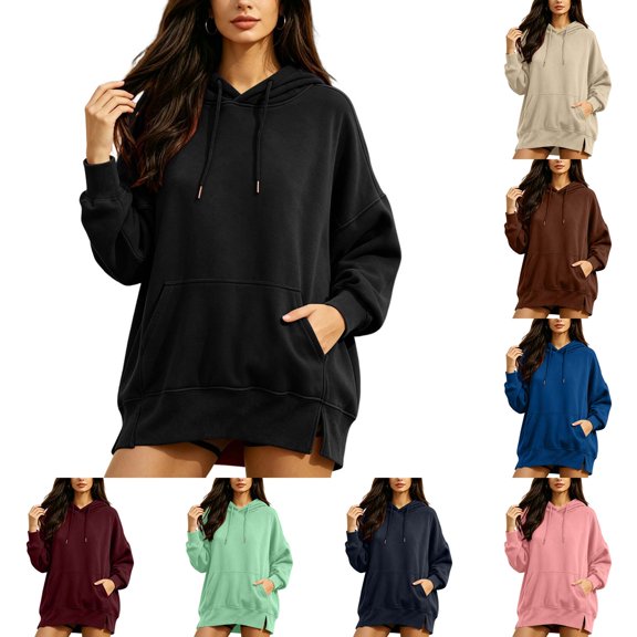 DYTTDG Women's Solid Color Drawstring Hoodie, Long Sleeve Loose Casual Pullover With Kangaroo Pocket Side Slit Hem for Daily Wear
