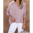 thumbnail image 3 of Mujer Cuello En V Top Manga Larga Color Puro Transpirable Simple Casual Otoño Invierno Jersey Blusas Camisas para Oficina En Casa Púrpura Rosado XL, 3 of 7