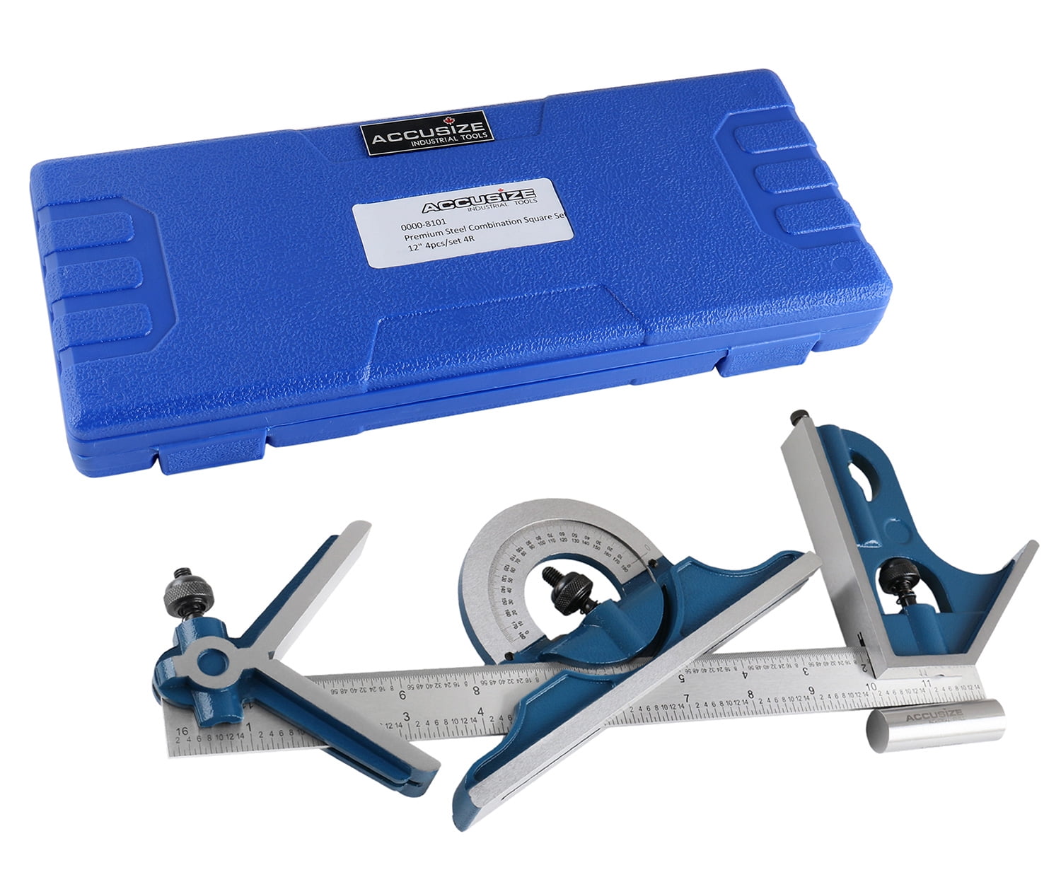 Accusize 12'' 4 Combination Square Ruler Set Protractor Satin, 4-R Graduation, 0000-8101