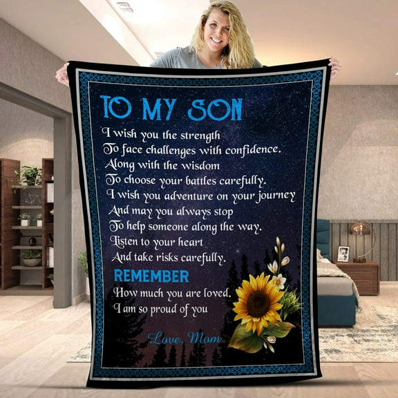 Letter Blanket To My Son/Grandson Blanket from Mom Dad Grandma Grandpa – Inspirational Gift Throw Blanket with Sunflower Blanket for Birthday, Christmas - Sherpa-50x60