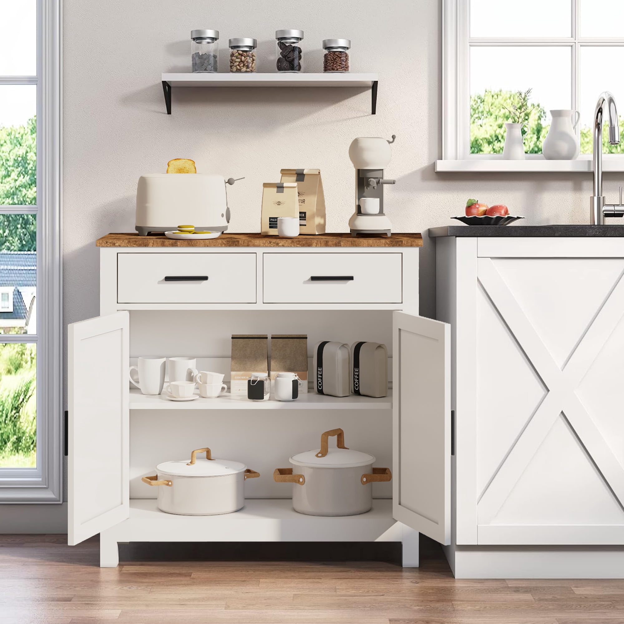 Kitchen Storage Cabinet, Modern Farmhouse Buffet Cabinet with Storage, Coffee Bar with 2 Drawers and 2 Doors, Floor Sideboard Buffet for Living Room, Dining Room, Bathroom (White)