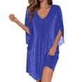thumbnail image 3 of qucoqpe Womens Sparkly Cocktail Party Dress Fashion Solid Ruffle 3/4 Sleeve V Neck Mesh Flowy Evening Wedding Guest Dresses, 3 of 8