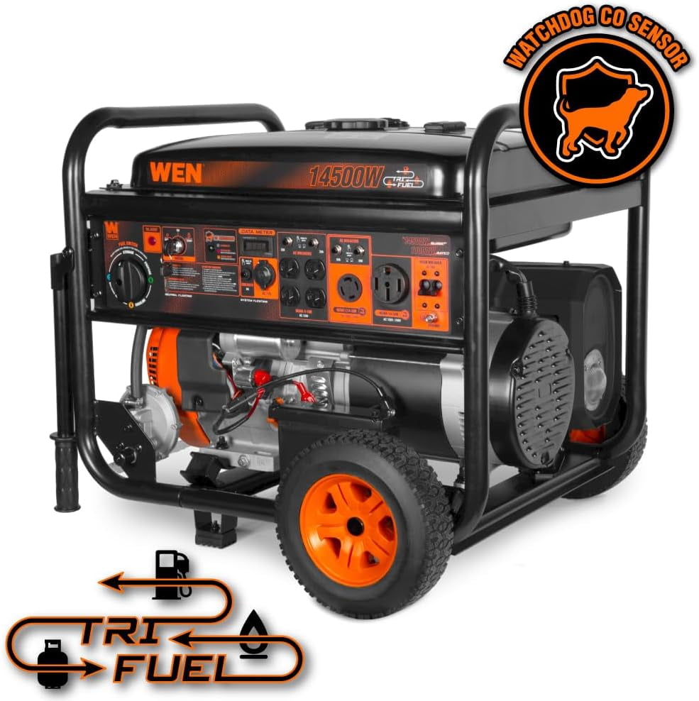 WEN 14,500-Watt 120V/240V Tri-Fuel Generator for Gas, Propane, and Natural Gas, Transfer-Switch Ready with Electric Start, Wheel Kit, and CO Watchdog (TF-1450X)