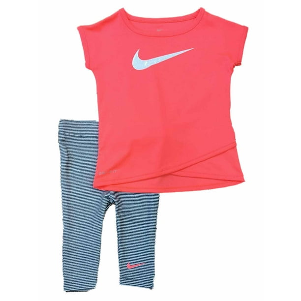 Nike Drifit Infant Girls Outfit Coral Shirt & Black Stripe Leggings
