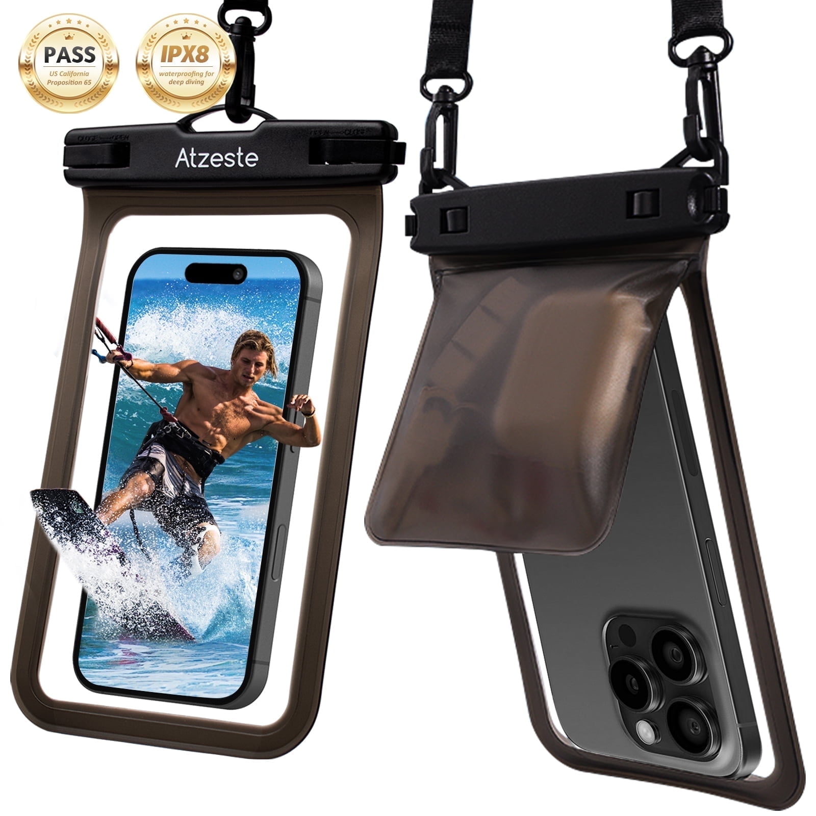 Atzeste 2 Pack Double Space Waterproof Phone Pouch Bag, IPX8 Waterproof Phone Case Dry Bag for iPhone 16 15 Pro Max, up to 7.5" for Beach Vacation Travel Cruise Essentials, Black