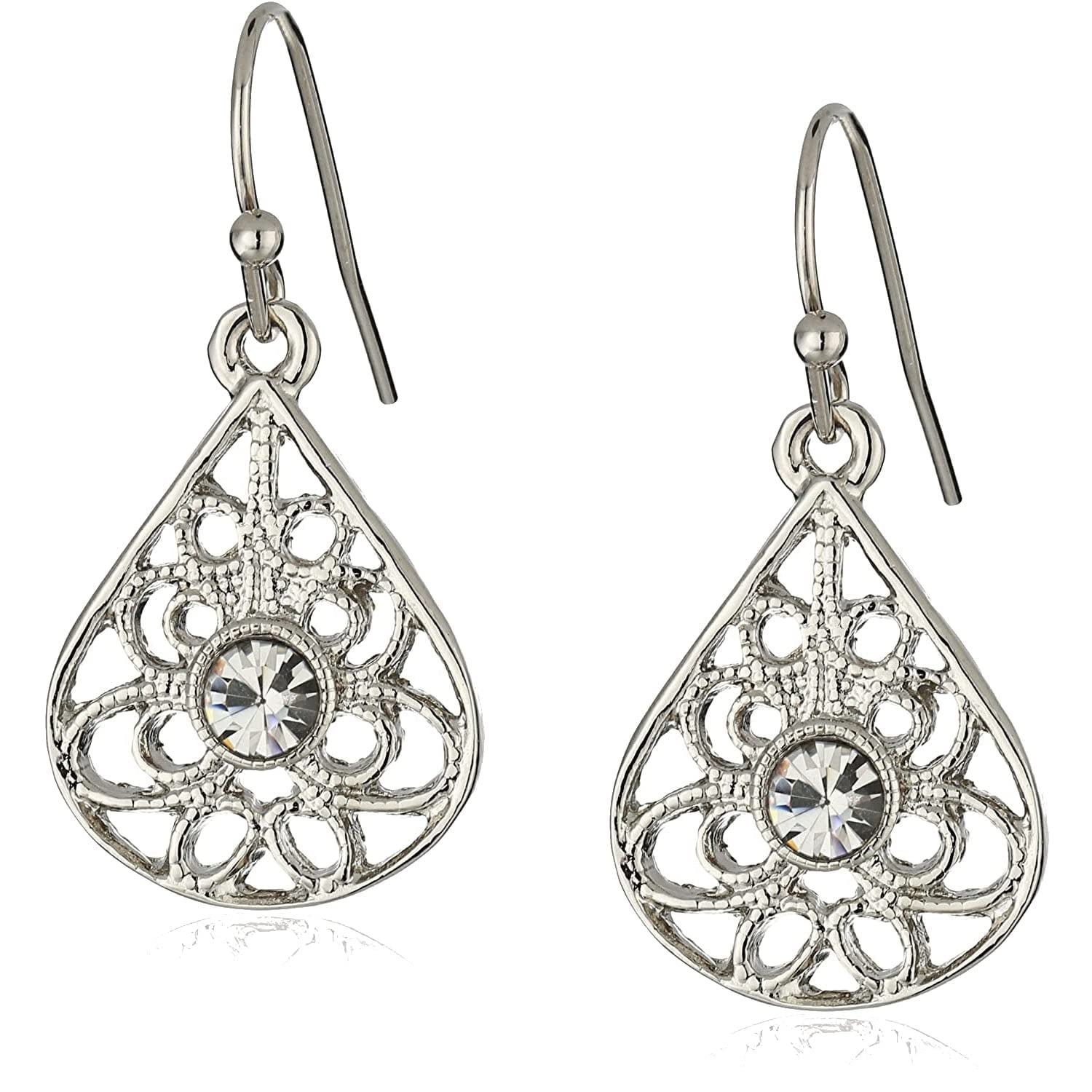 1928 Jewelry Petite Round Clear Glass Crystal Filigree Teardrop Earrings