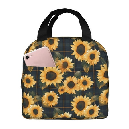 Insulated Lunch Bag for Women Men - Scottish Blue Plaid Sunflower Leakproof Cooler Lunch Box for Women Men  Lunch Tote Bags for Work School Picnic Travel