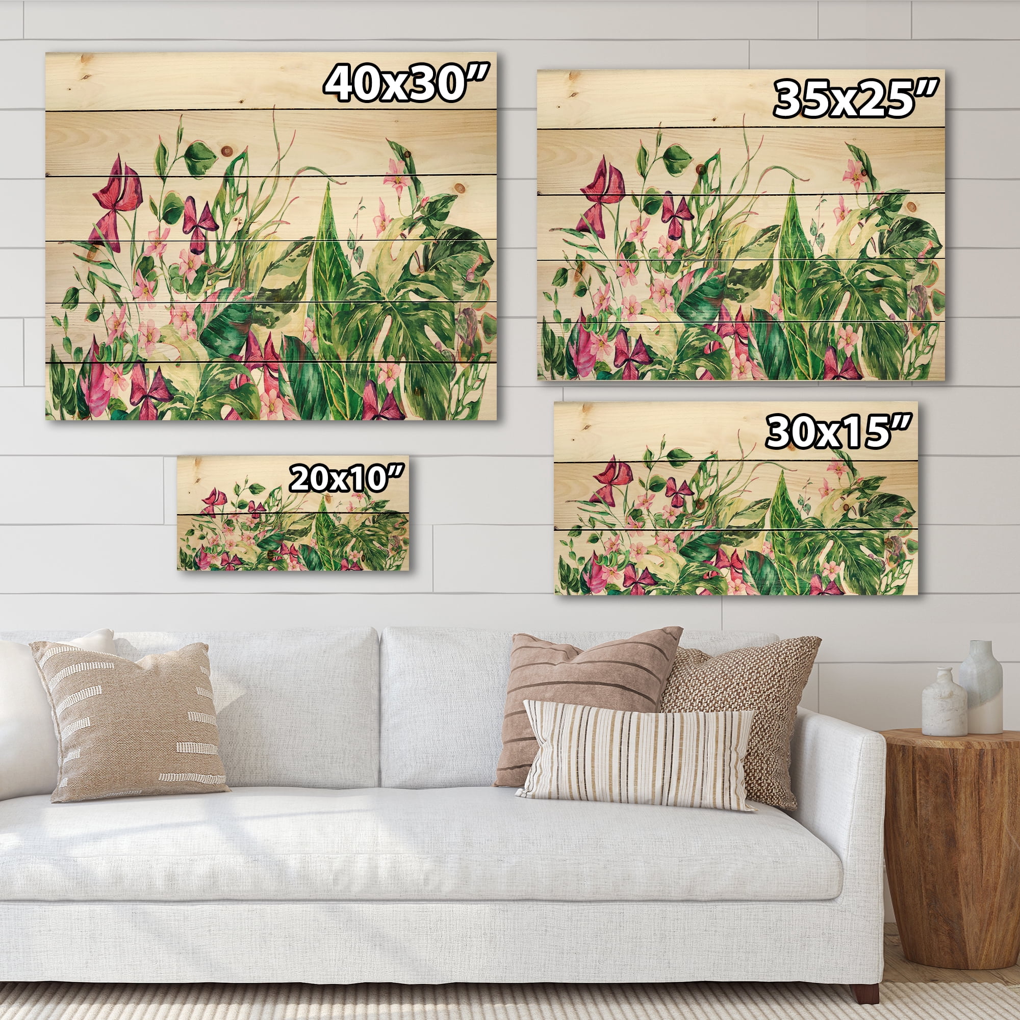 Designart 'Ancient Floral Tropical Leaves I' Tropical Print on Natural Pine Wood