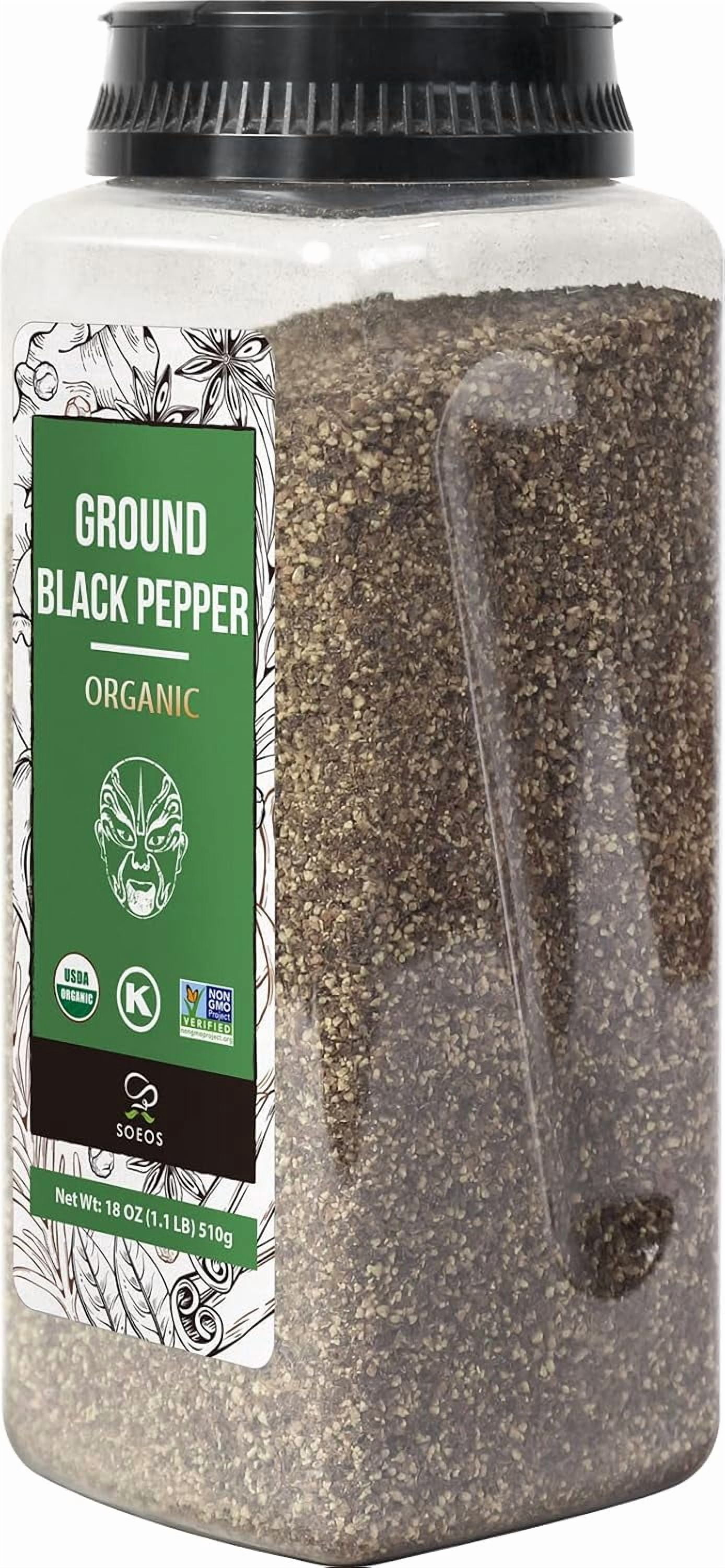 Soeos Organic Black Pepper Ground Fine 18oz (510g), Non-GMO, Freshly Packed, Fine Ground Black Peppercorns Powder for Refill.