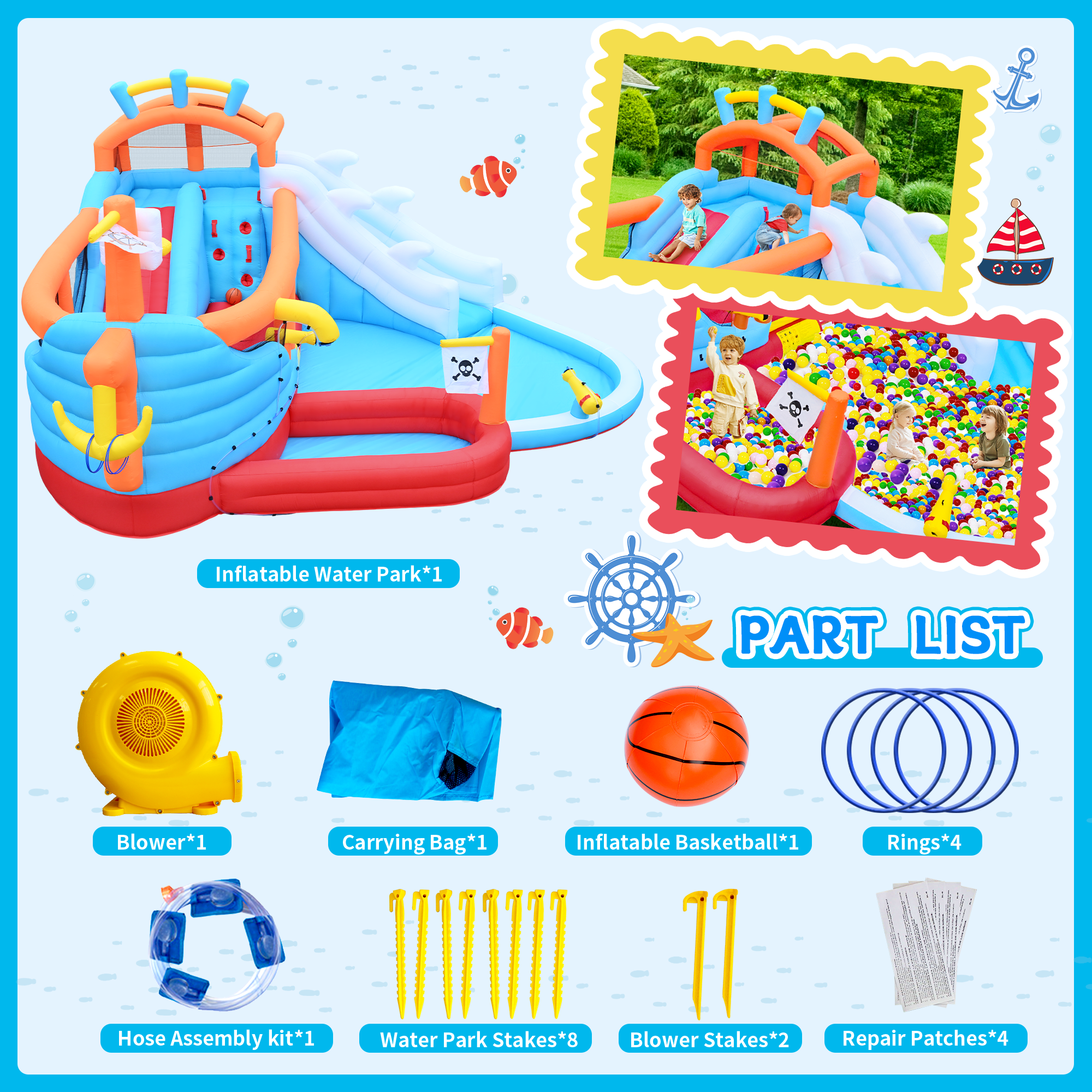 Mintazer 9-in-1 Inflatable Bounce House with Dual Slides, Climbing Wall, Basketball Hoop & Water Guns, Shallow & Bathing Pools for Bounce Castle, Indoor & Outdoor
