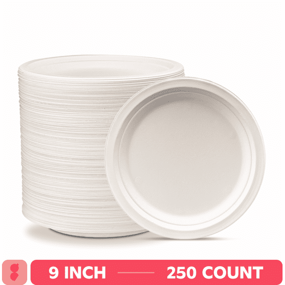 GUSTO 9 Inch 100% Compostable White Paper Plates, Eco-Friendly Heavy Duty Disposable Dinnerware, 250 Count