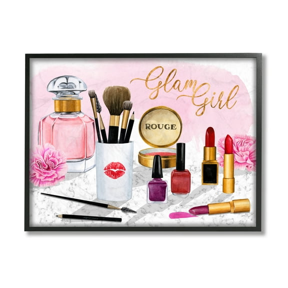 Stupell Industries Glam Girl Phrase with Fashion Cosmetic Accessories Beauty & Fashion Painting Black Framed Art Print Wall Art, 24 x 30