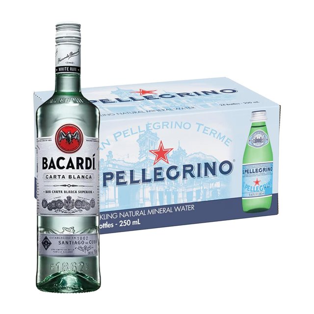 Pack 24 Agua San Pellegrino 250 ml y Ron Bacardi Carta Blanca Superior 980 ml