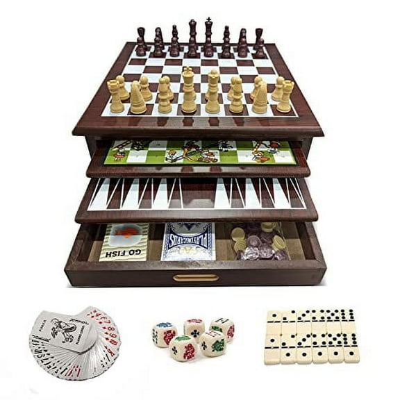 Bundaloo 15-in-1 Classic Wooden Board Game Set – Chess, Checkers, Backgammon, and More – Premium Multi-Game Collection with Built-in Storage