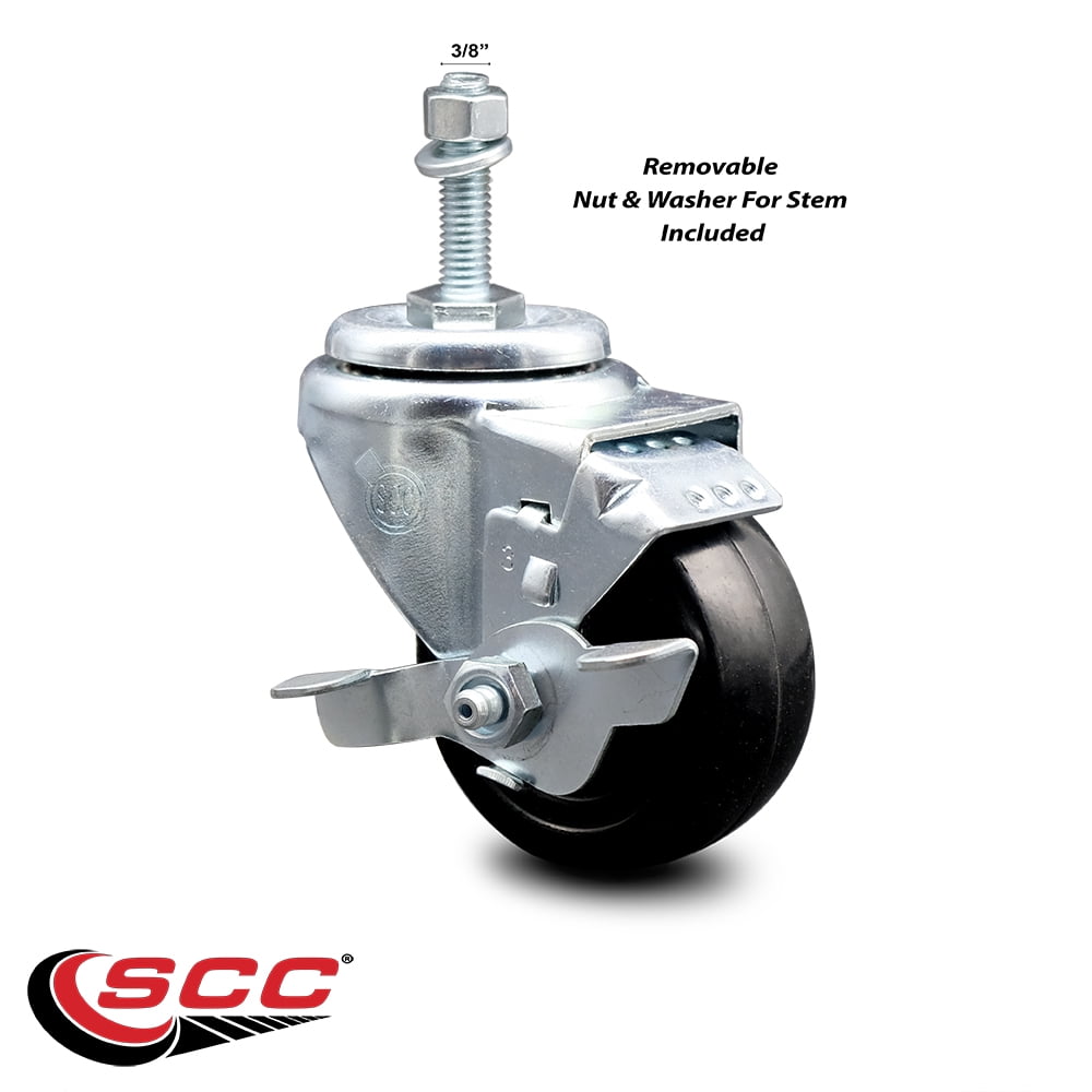 3 Inch Hard Rubber Wheel Swivel 3/8 Inch Threaded Stem Caster with Brake SCC