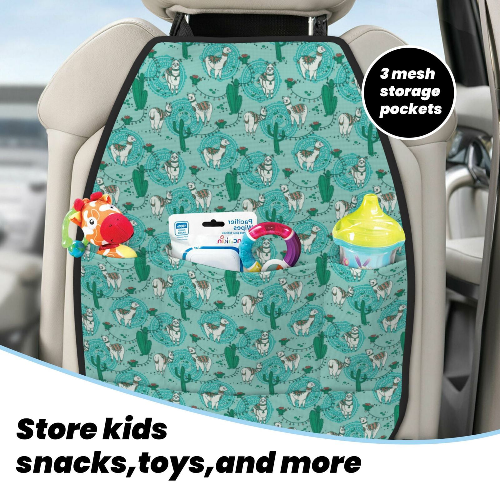 Kdxio Alapaca in Boho Print 2 Pack Car Kick Mat Seat Cover Back Protector Mat with Pockets for Organizer Backseat Protector and Storage Anti Kick Pad for Vehicles