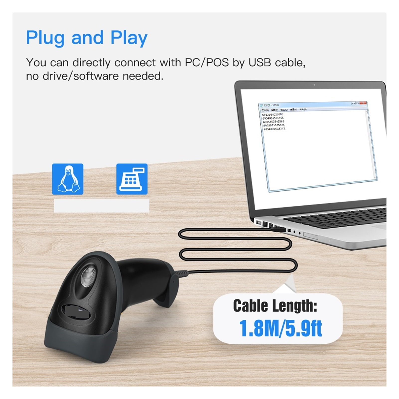Wired 1D QR 2D Barcode Scanner Handheld Extra Long USB Wired Bar Codes Reader CCD PDF417 Data Matrix Bar Code Scanning ,Easy to Operate