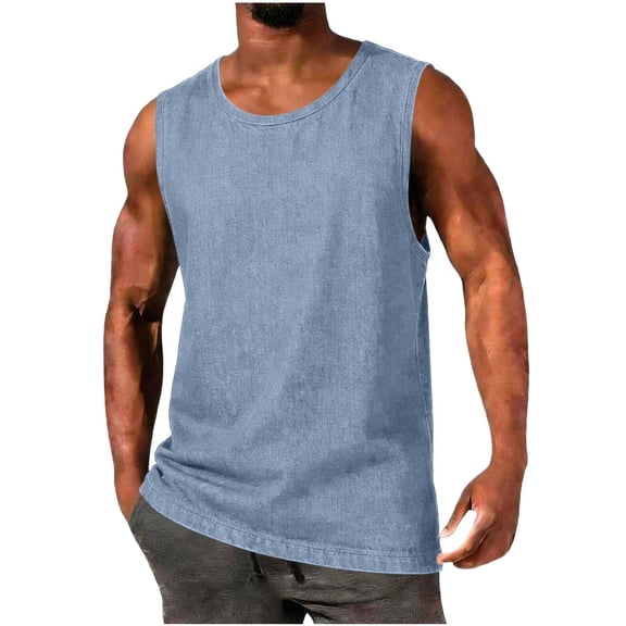 YLSDY Men's Vintage Faux Denim Tank Top, Casual Sleeveless Shirt with Retro Wash Effect Light Blue L