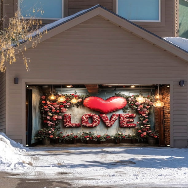 Bandera de San Valentín para puerta de garaje | Decoración de patio exterior con diseño de corazón | Bandera colgante resistente a la intemperie para cenas románticas o celebraciones