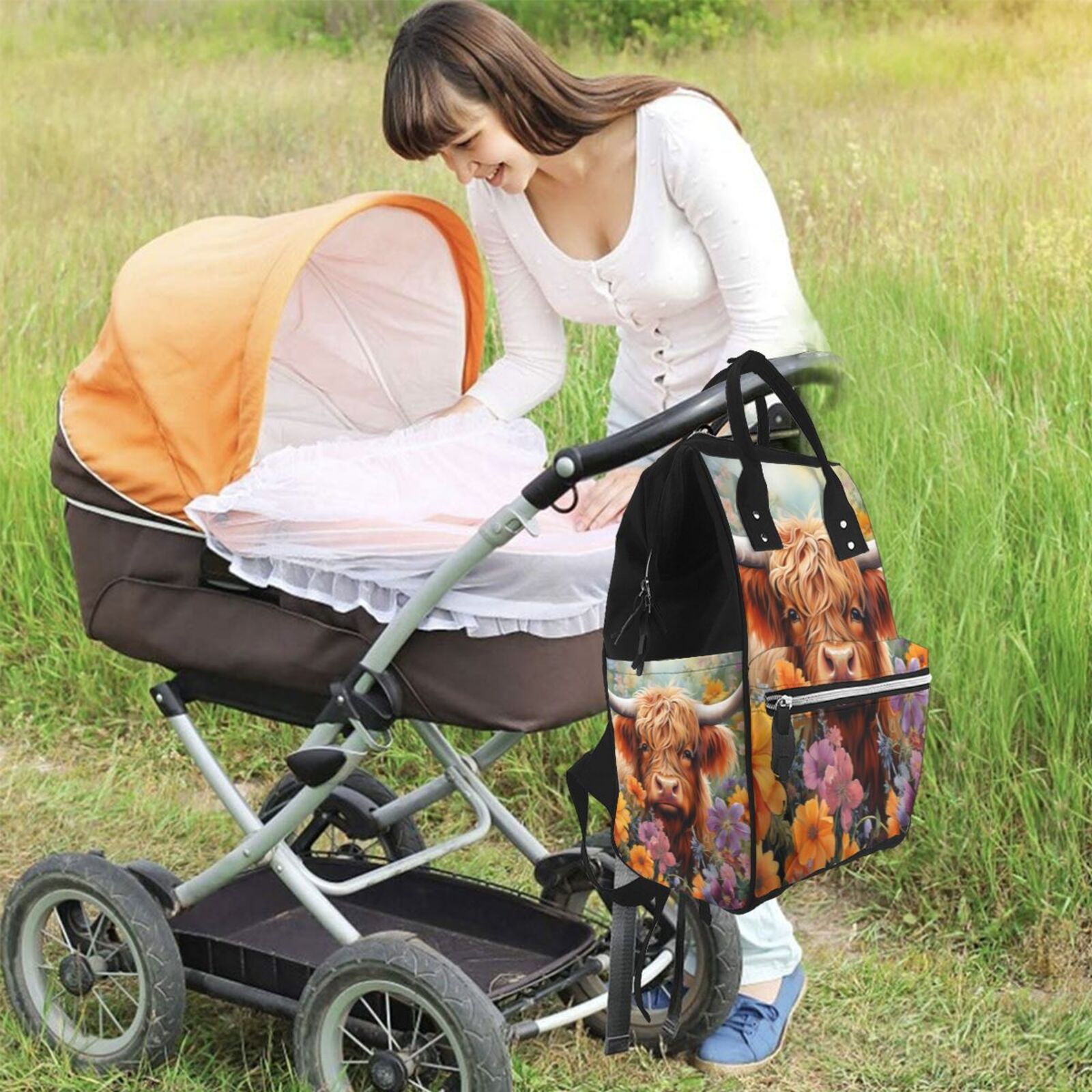 Ratiio Countryside Colorful Floral Cow Mummy Backpack - Waterproof Twill Canvas, Large Capacity Diaper Bag with Multiple Pockets and Adjustable Straps