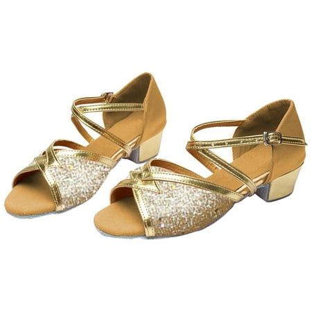 Otqutp Gold Strap High Heel Sequins Sandals for Girls Kids Princess Dance Party Formal Shoes Open Toe Ankle Fancy Sandals Trendy