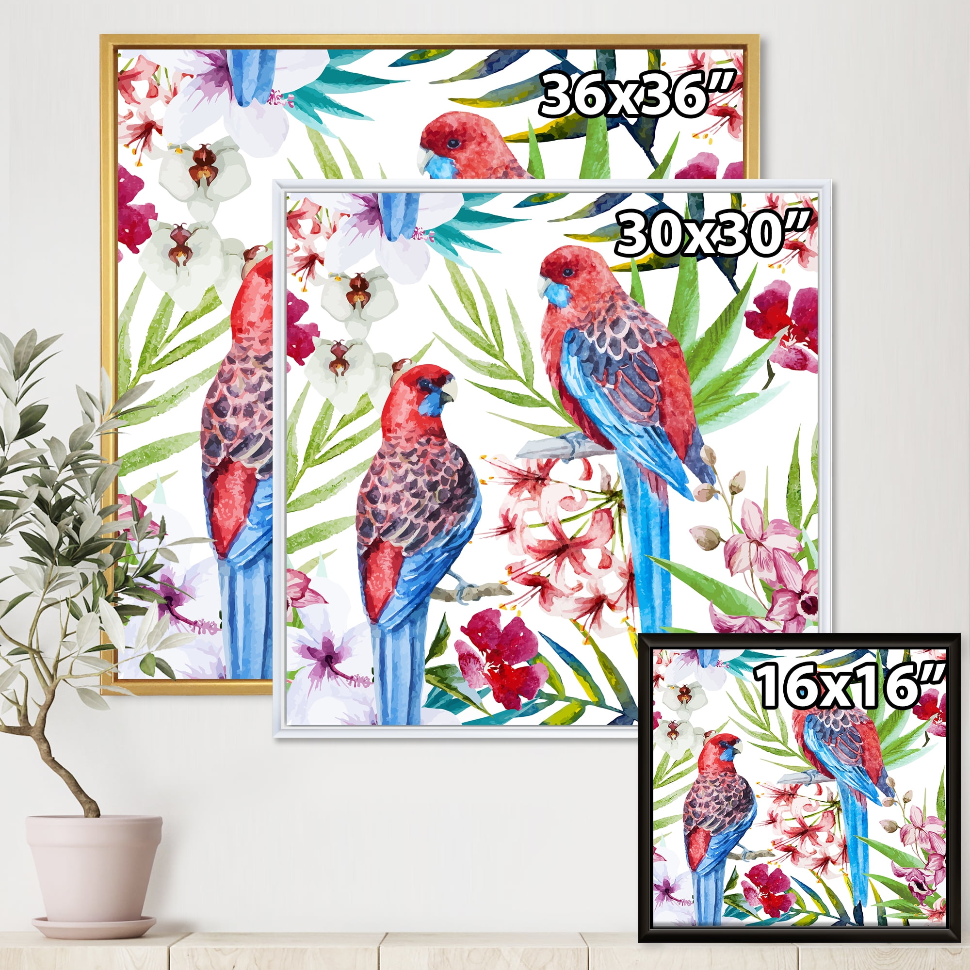 Rosella Birds Sitting On Flowers Tree Branch 36 in x 36 in Framed Painting Canvas Art Print, by Designart