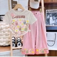 thumbnail image 1 of Conjunto de camiseta y pantalones vaqueros con estampado de dibujos animados, novedad de verano, ropa para niños, pantalones superiores para niña, traje de barbilla continental, 1 of 5