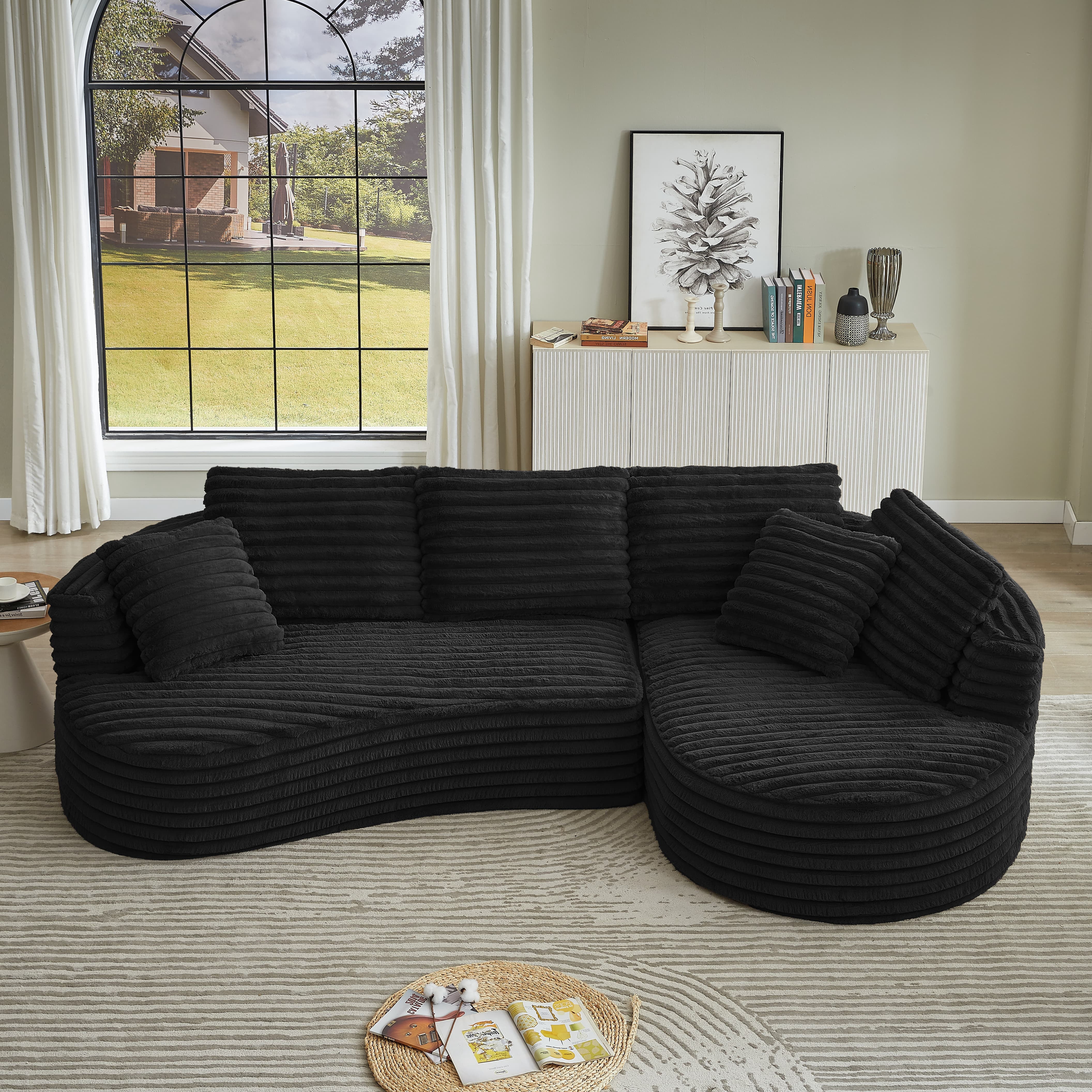 MAYEERTY 120.9" Black Corduroy Curved L Modular Sectional Sofa, Pocket Spring No Assembly Couch for Living Room Reception