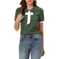 thumbnail image 1 of Blusa de manga corta con cuello de solapa y lazo de contraste de lunares para mujer Inspire Chic, verde oscuro, talla M, 1 of 6