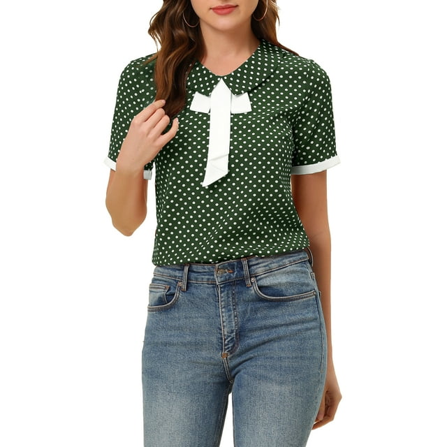 Blusa de manga corta con cuello de solapa y lazo de contraste de lunares para mujer Inspire Chic, verde oscuro, talla M