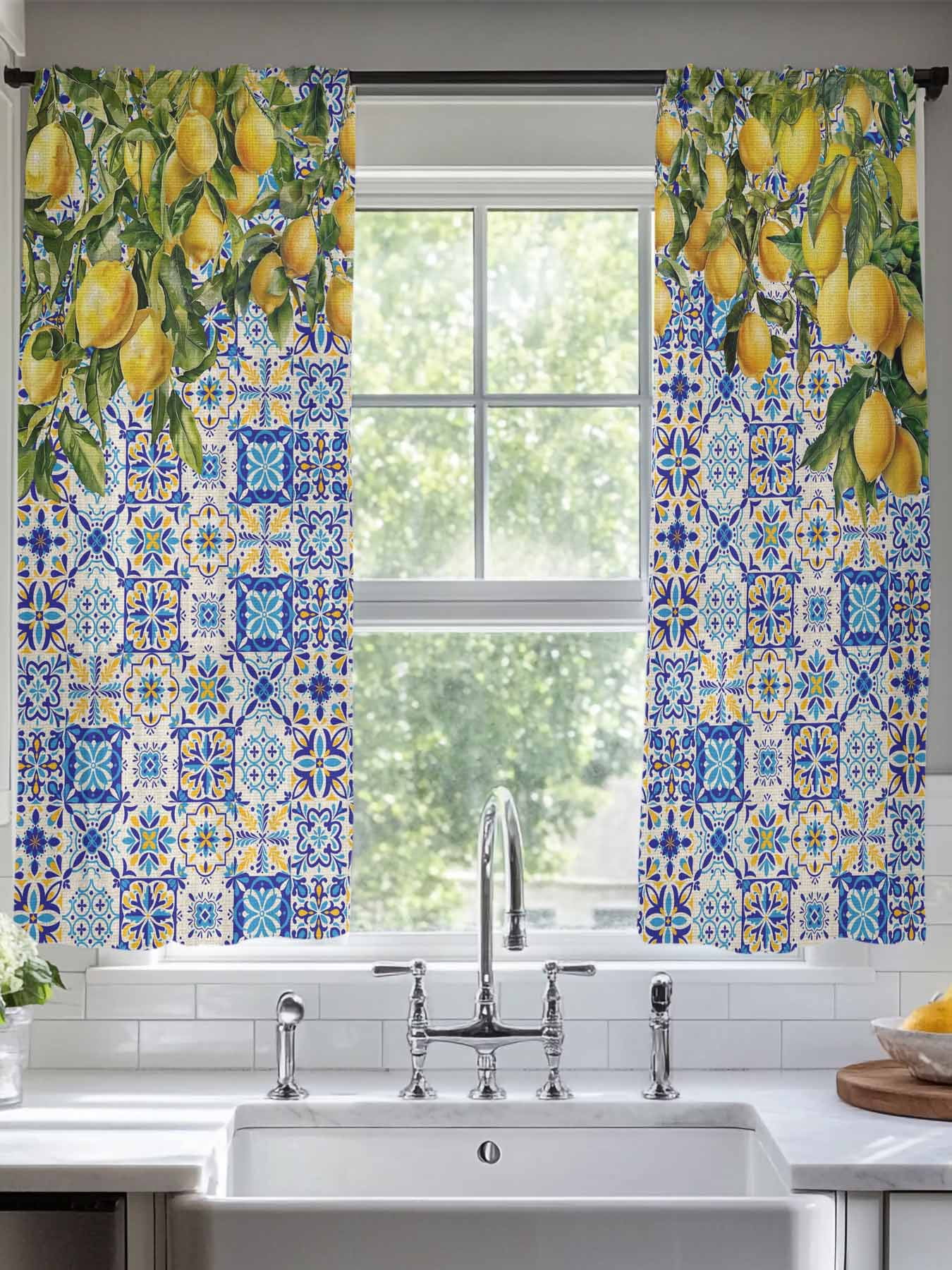 Lemons Sheer Curtains for Living Room Bedroom, National Style Summer Lemon Blue Floral Texture Linen Light Filtering Sheer Curtain Rod Pocket Voile Window Treaments Drapes, 52 x 63 Inches