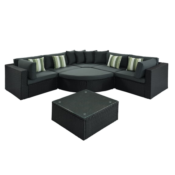 Topcobe 7-Piece Outdoor Wicker Sofa Set, Rattan Sofa Lounger with Striped Green Pillows, Patio Conversation Sofa for Garden, Deck