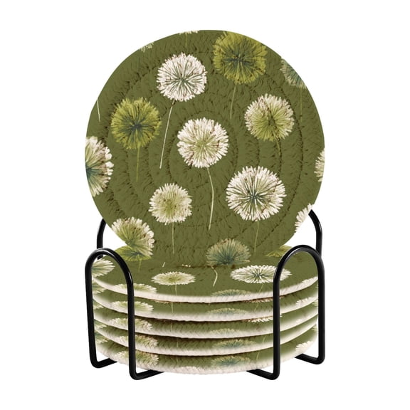 6 Pcs Drink Coasters with Holder 3.94in Woven Coasters for Drinks Green Dandelions Pattern Coaster Set for Protection Table
