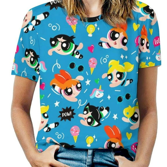 The Powerpuff Girls Womens T-Shirt Round Neck Short Sleeve Tee Shirts Summer Breathable Tops Blouse S