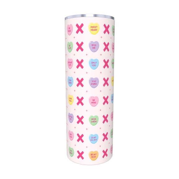 20oz Cute Valentine Candy Hearts Insulated Tumbler with Handle Straw Pink Love Message Travel Cup XOXO Sweet Romantic Gift Cup with Straw