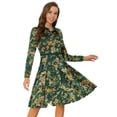 thumbnail image 1 of Vestido hasta la rodilla de manga larga con cinturón y cuello en contraste floral para mujer Verde L, 1 of 5